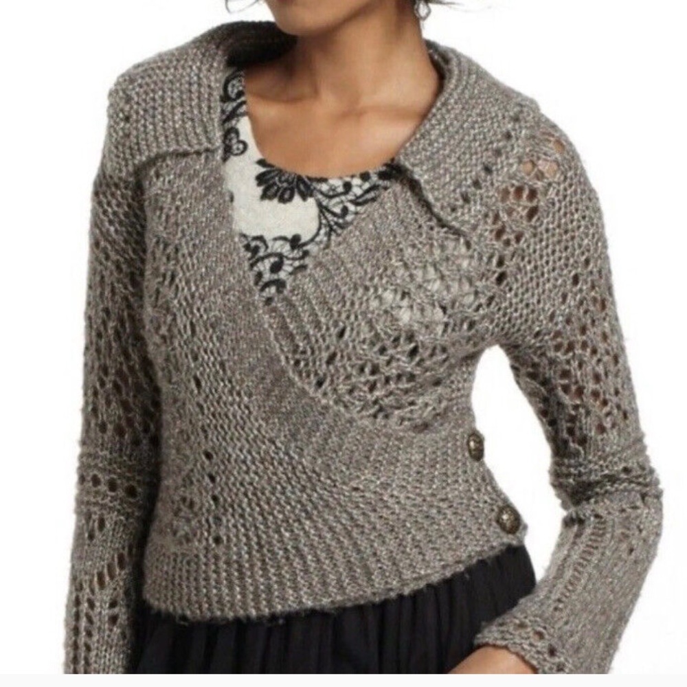 Anthropologie Hand Knit By Dollie Cropped Metallic Wrap Sweater S